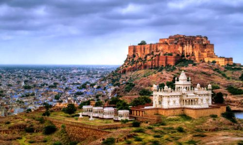 Mehrangharh Fort and Jaswant Thada mausoleum in the Blue city Jodhpur, Rajasthan, India